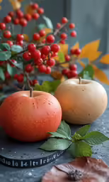 two apples and a book next to some berries