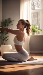 a woman in a white bikini top is sitting in a yoga pose