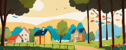 two houses in the background with trees and mountains,there is a painting of trees and houses in the woods