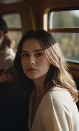 the woman is wearing a white sweater sitting in a chair