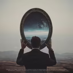 a man holding up a circular mirror to the side