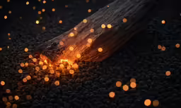 a wooden log on the ground with yellow lights