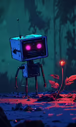 the robot is standing next to the flower
