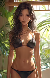 a model is shown in a bikini next to potted plants,the sexy, attractive young woman is posed in a bikini