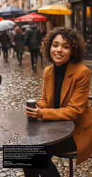 a woman with a coffee sitting at a table smiling