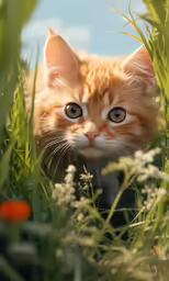 a small orange kitten is hiding in the grass