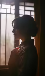 a woman staring outside of an open window