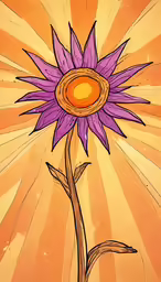an abstract painting of a purple sunflower with beams