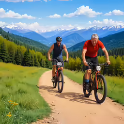 two people riding bikes on a dirt path
