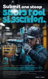 a man holding a drill with the caption submit one stop