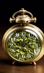 an ornate golden clock on a wooden table