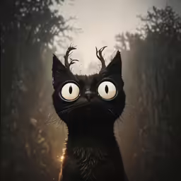 a black cat with white eyes and antlers on its head