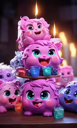 two tiered cake with candles lit on it with pink faces