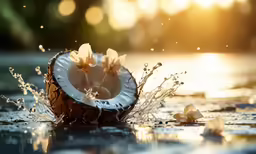 a coconut half submerged with white flowers sitting in it