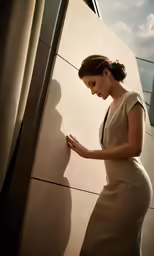 a beautiful young woman standing near a wall