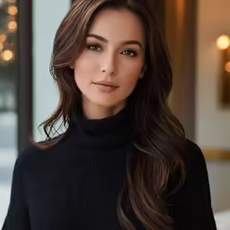 woman in black sweater posing in front of christmas decorations