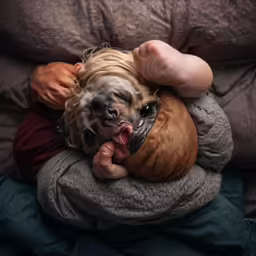 a person is lying down with their dog