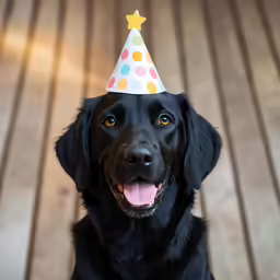 a dog is dressed in a party hat