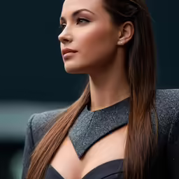 woman with sleek makeup and dark clothes looking to her right