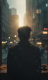 a man sits in a window looking out at the street