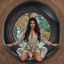 the image shows a woman posing in front of a round window