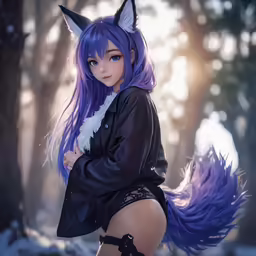 the woman with purple hair is dressed as an anime character