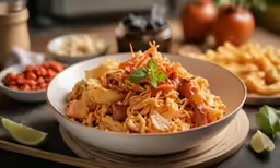 two bowls of noodles with meat and vegetables