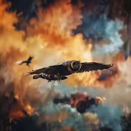 a photograph of an owl flying in the sky