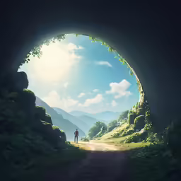person standing on dirt road under an empty tunnel