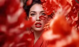 a woman with her eyes closed and her face behind some red leaves