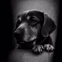 a black dog is staring straight ahead while sitting down
