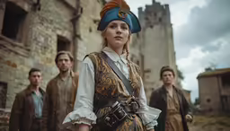 a man and woman in costume looking at something