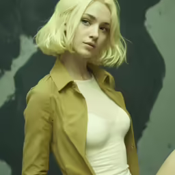 a woman with blonde hair posing next to a wall