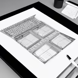 a drawing of a keyboard next to two glasses of water