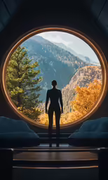 a man is looking at a scenic landscape through a circular window