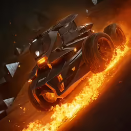 the tumbler batmanmobile is blazing from its flames