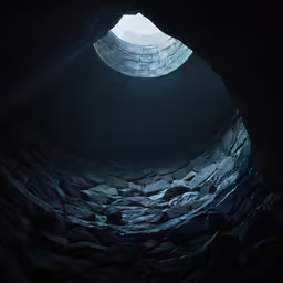 a dimly lit and dark stone tunnel with the window open