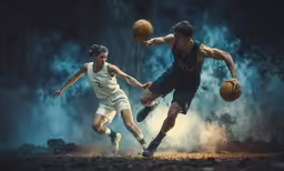 two basketball players are playing basketball against each other