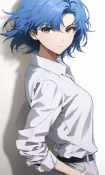 a girl with blue hair is wearing grey jeans