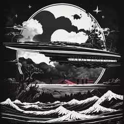 an art work with a black background and white clouds, some mountains and stars,a black and white image of an alien looking sky