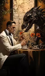 a young man wearing a white suit and bow tie sitting at a table in front of a black dinosaur