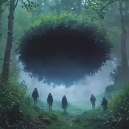 people walking in the forest on a foggy day