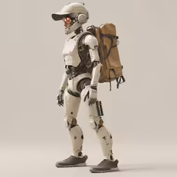 a robot walks down a street carrying a bag