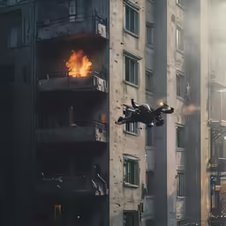 a firefighter flies near a large building in an urban area