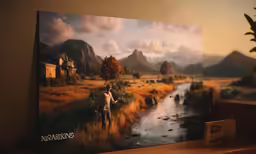 a painting on a wall, depicting a boy standing near a river