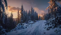 the sun is shining in the distance over a snowy path