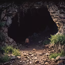 man in front of entrance to a cave with rocks