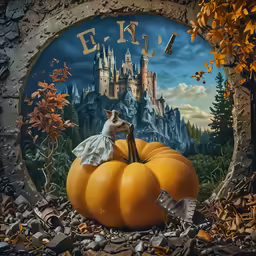 a pumpkin, with a castle in the background