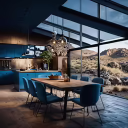 a room with some blue chairs and lights in it