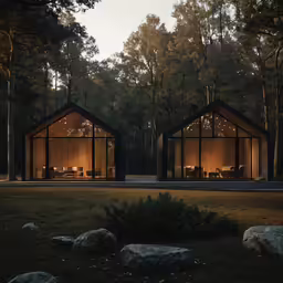 two cabins with lights on at the front in the woods